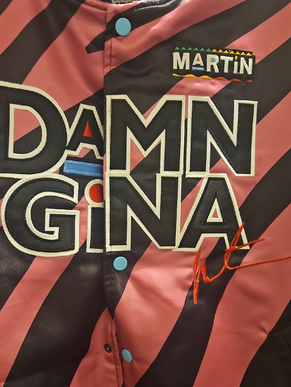 Headgear Martin Damn Gina Pink & Black Striped Satin Bomber Jacket XL NWT